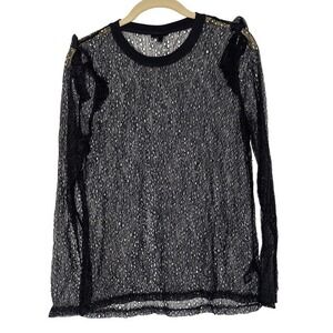Who What Wear Ruffled Black Mesh‎ Long Sleeve Top